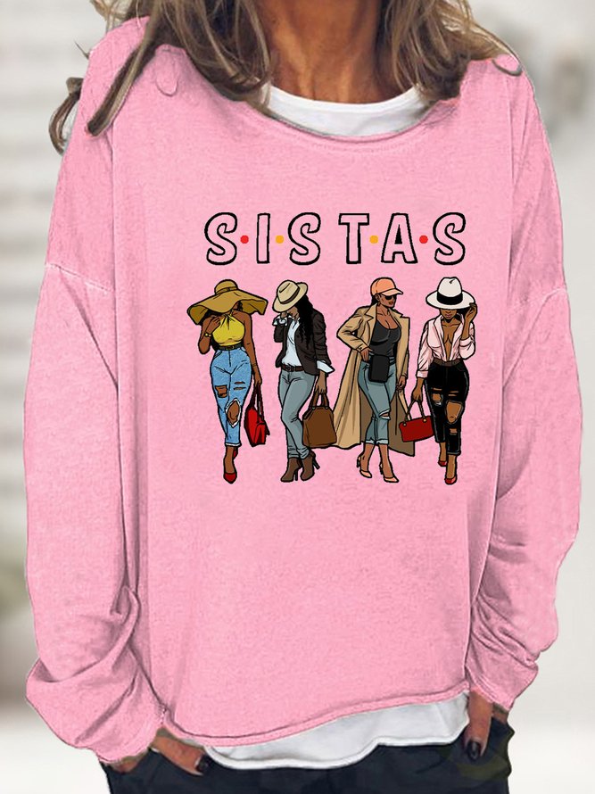 Women's Sistas Text Letters Cotton-Blend Casual Sweatshirts