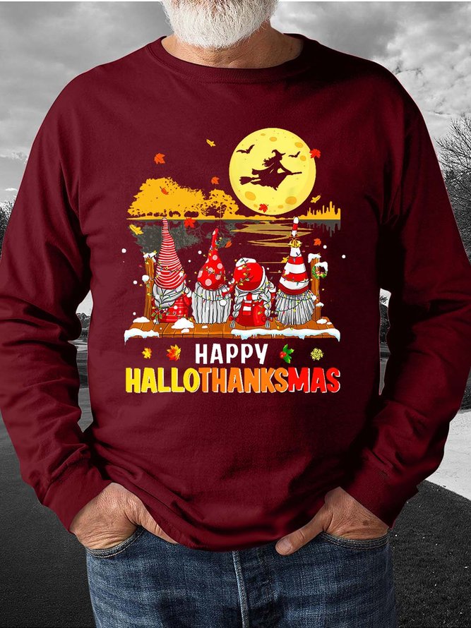 Men Happy Hallothanksmas Halloween Gnomes Regular Fit Christmas Casual Sweatshirt
