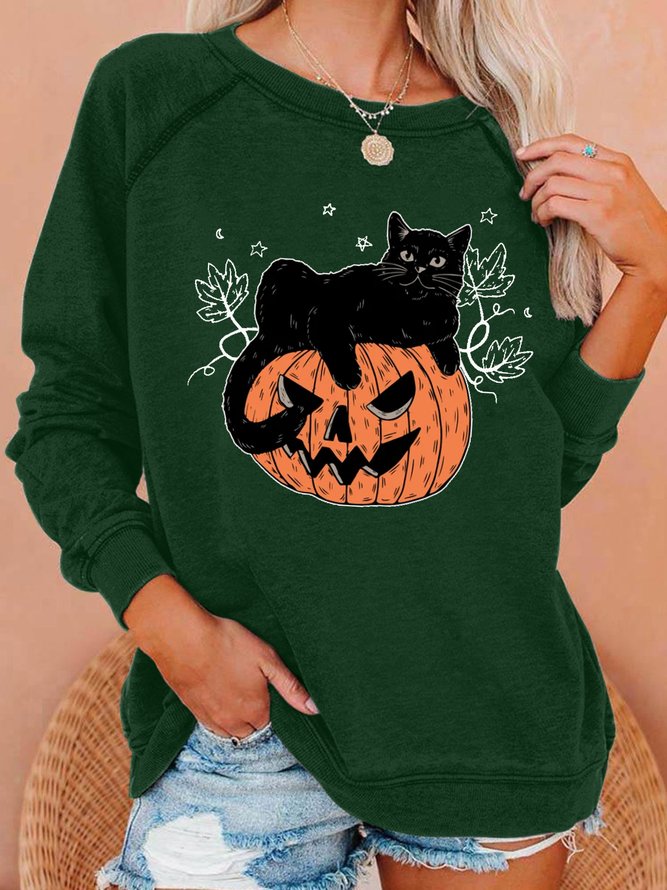 Women's Black Cats Pumpkin Halloween Casual Loose Sweatshirts