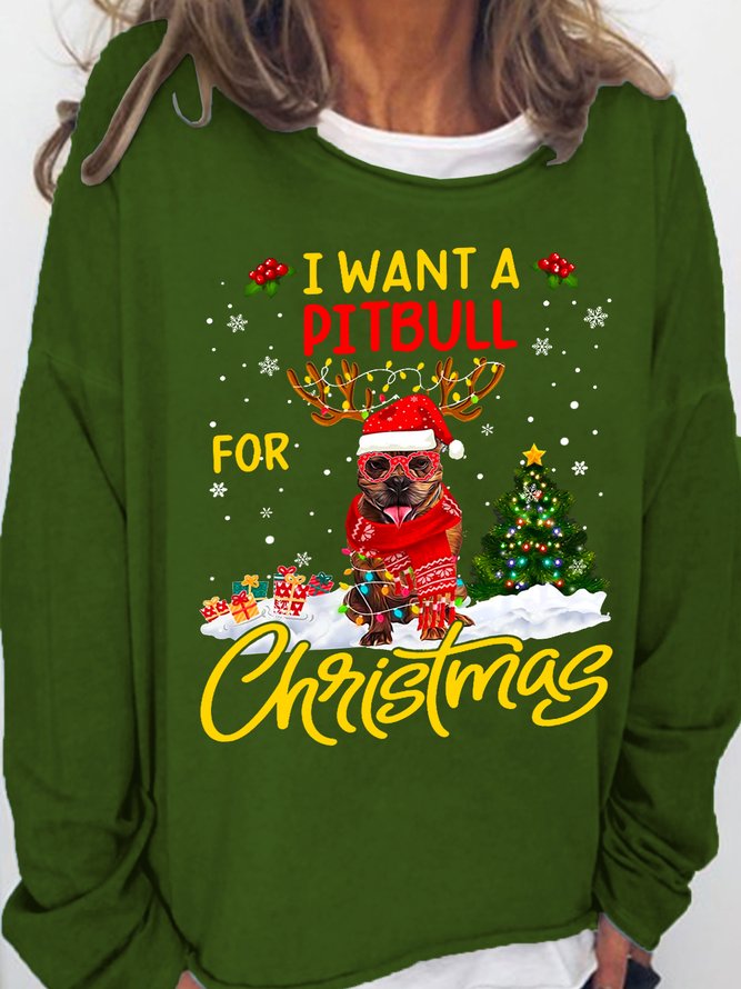 Women Funny I Want Pitbull Dog Christmas Lights Santa Simple Sweatshirts