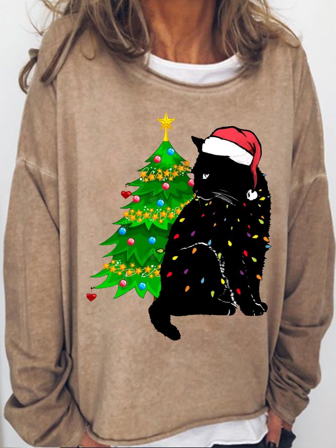 Womens Black Cat Christmas Light Funny Cat Lover Christmas  Crew Neck Letters Sweatshirts