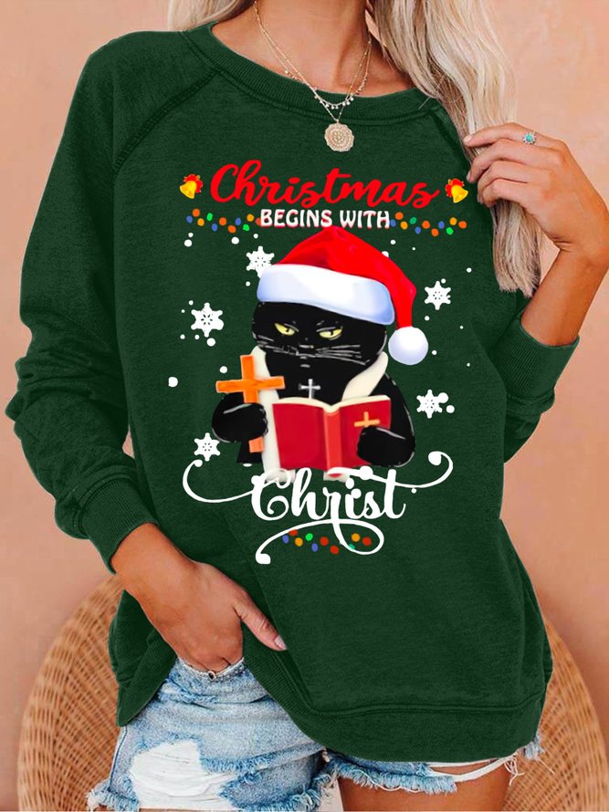 Womens Funny Christmas Black Cat Casual Sweatshirts
