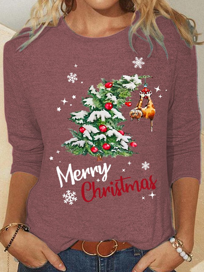 Womens funny Christmas Tree And Cat Casual Crew Neck Tops