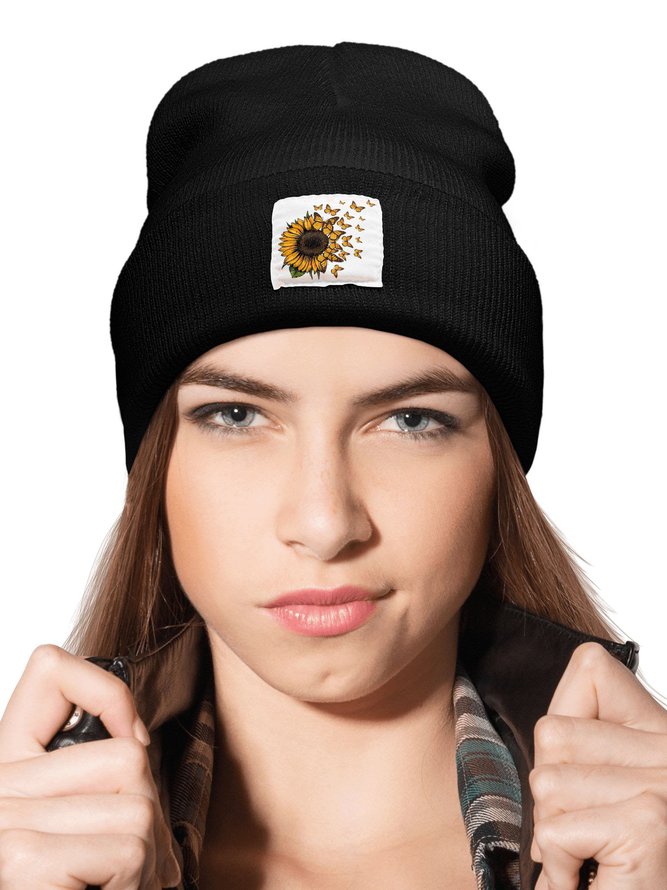 Sunflower Butterfly Floral Graphic Beanie Hat