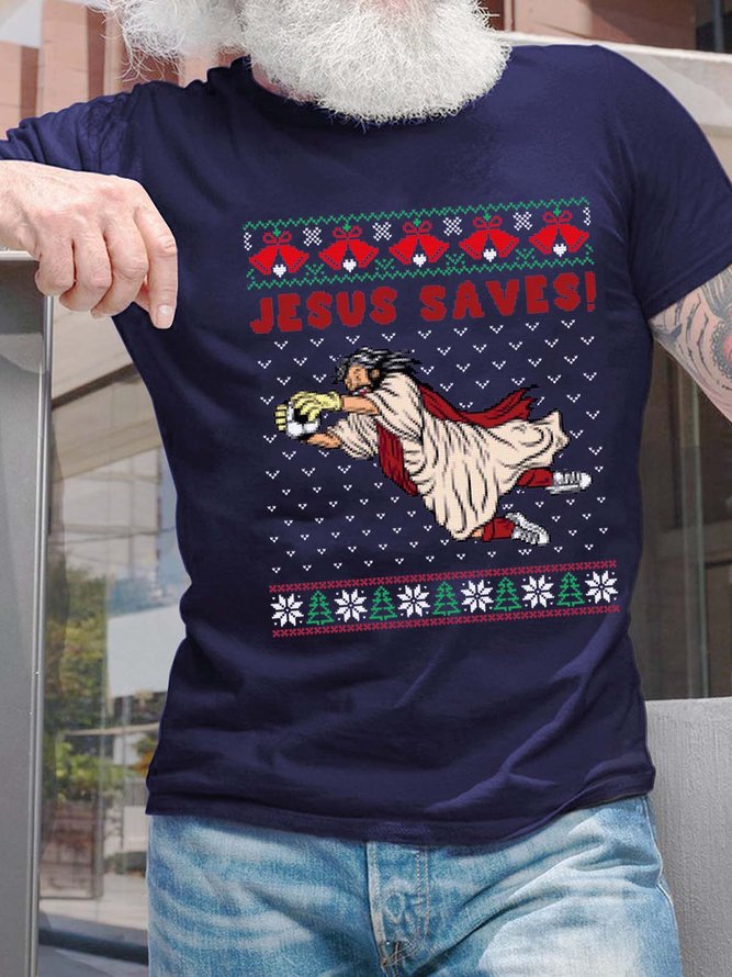 Men Jesus Saves Football Snow Merry Christmas Cotton T-Shirt
