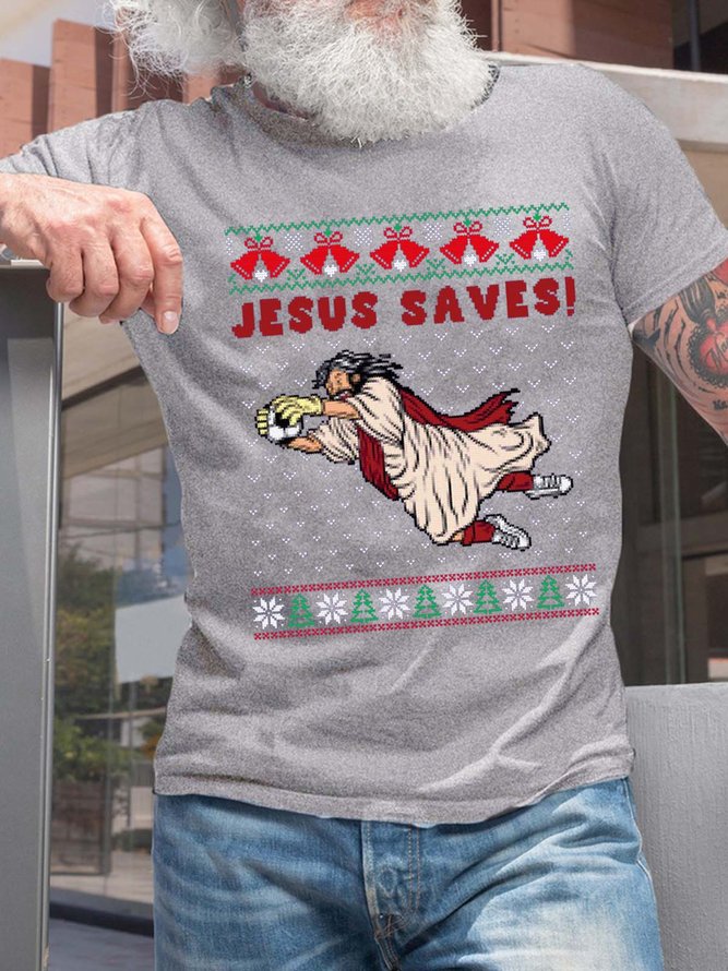 Men Jesus Saves Football Snow Merry Christmas Cotton T-Shirt