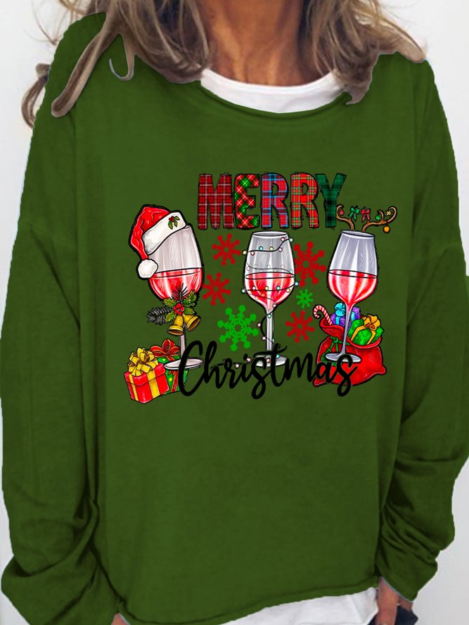 Women Merry Christmas Wine Glass Crew Neck Loose Sweatshirts