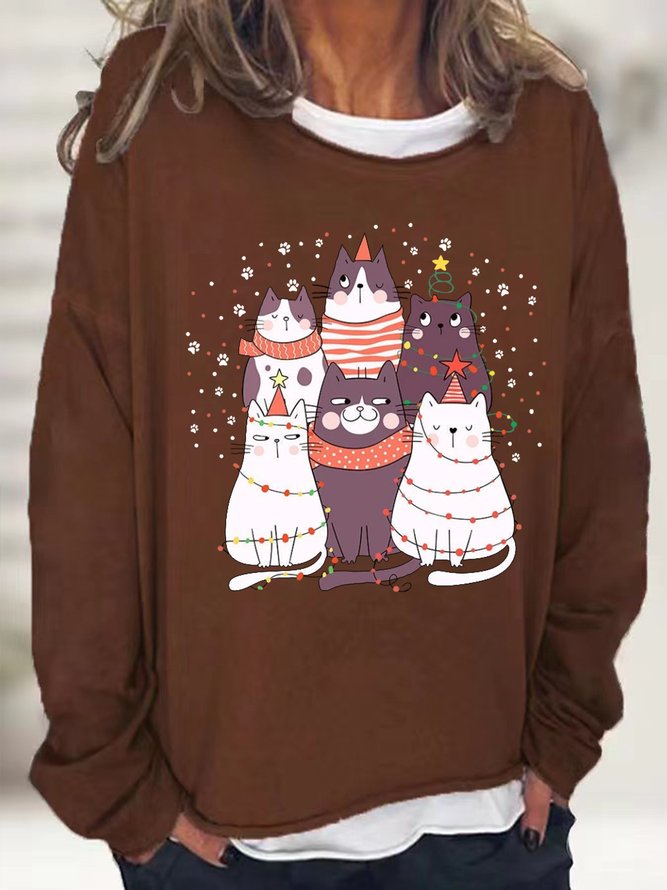 Women's Christmas Cat Crew Neck Cotton-Blend Loose Sweatshirts