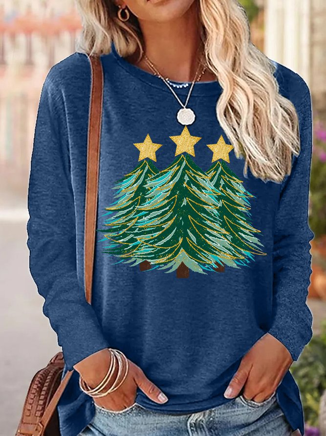 Women's Christmas Tree Casual Regular Fit Cotton-Blend Tops