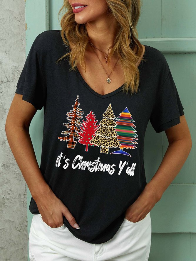 Women Christmas Tree V Neck Christmas Casual T-Shirt