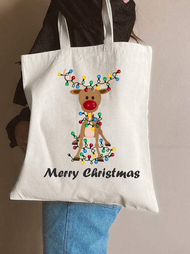 Merry Christmas Elk Colorful Light Bulb Christmas Graphic Shopping Totes