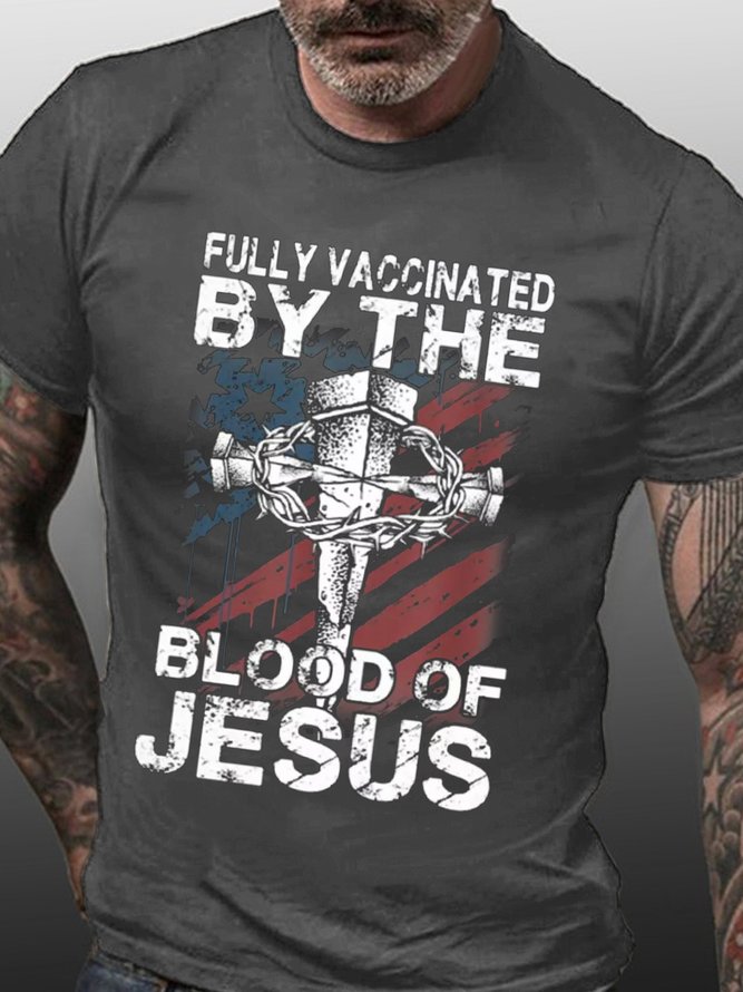 Men's Fully Vaccinated By The Blood Of Jesus Funny Casual Crew Neck America Flag T-Shirt