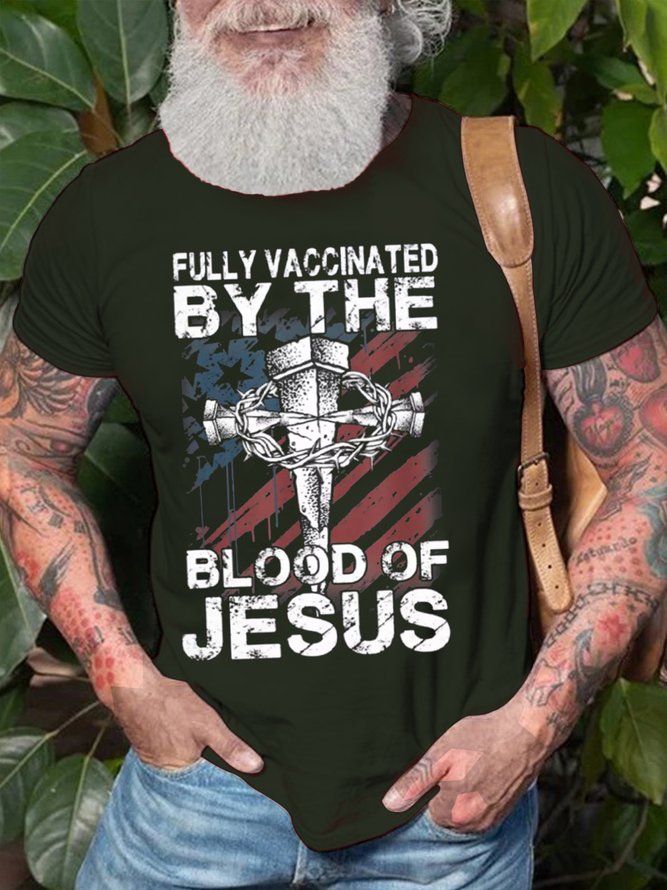 Men's Fully Vaccinated By The Blood Of Jesus Funny Casual Crew Neck America Flag T-Shirt