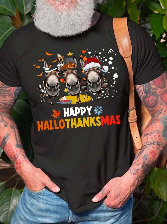 Men Happy Hallothanksmas Donkey Hat Merry Christmas Crew Neck Cotton Christmas T-Shirt