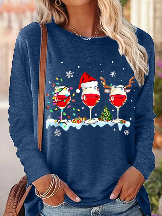 Womens Three Wine Glasses Santa Hat Christmas Funny Wine Lover Xmas Casual Crew Neck Tops