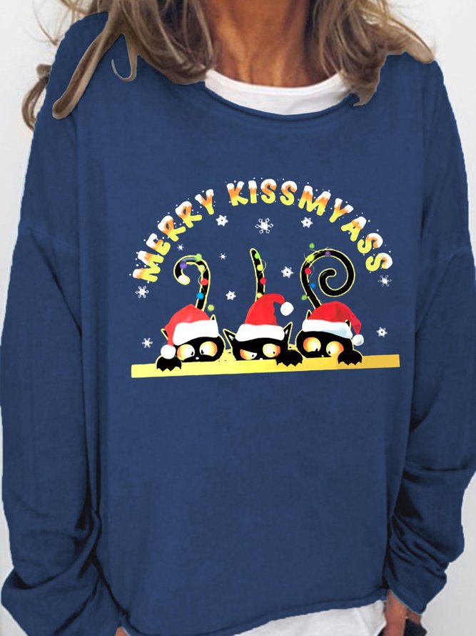 Women's Funny Christmas Black Cat Merry Kiss My Ass Crew Neck Cotton-Blend Sweatshirts