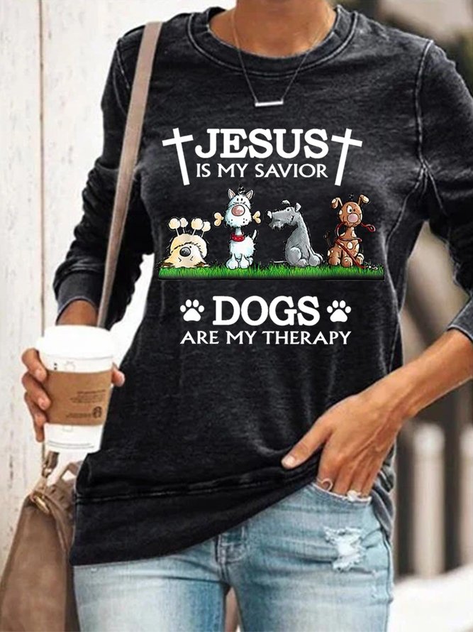 Women Funny Dog Jesus Is My Savior Dogs Are My Therapy Simple Dog Sweatshirts