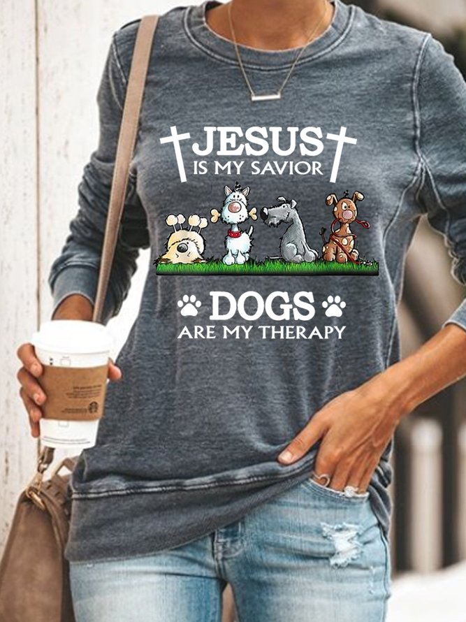 Women Funny Dog Jesus Is My Savior Dogs Are My Therapy Simple Dog Sweatshirts