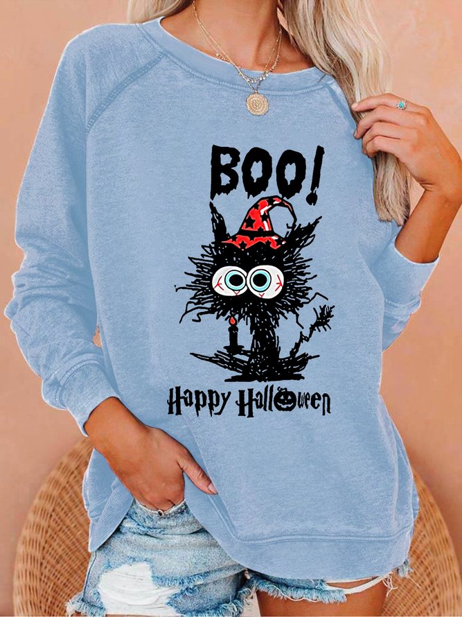 Women Cat Mom Boo Happy Halloween Crew Neck Sweatshirts