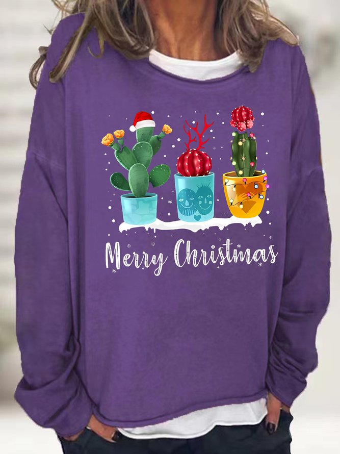 Women's Funny Merry Christmas Cactus Print Loose Cotton-Blend Sweatshirts