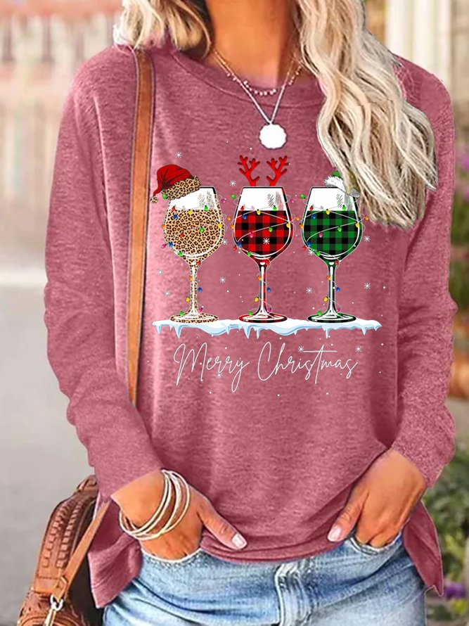 Merry Christmas Three Wine Glasses Print Cotton-Blend Casual Crew Neck Tops