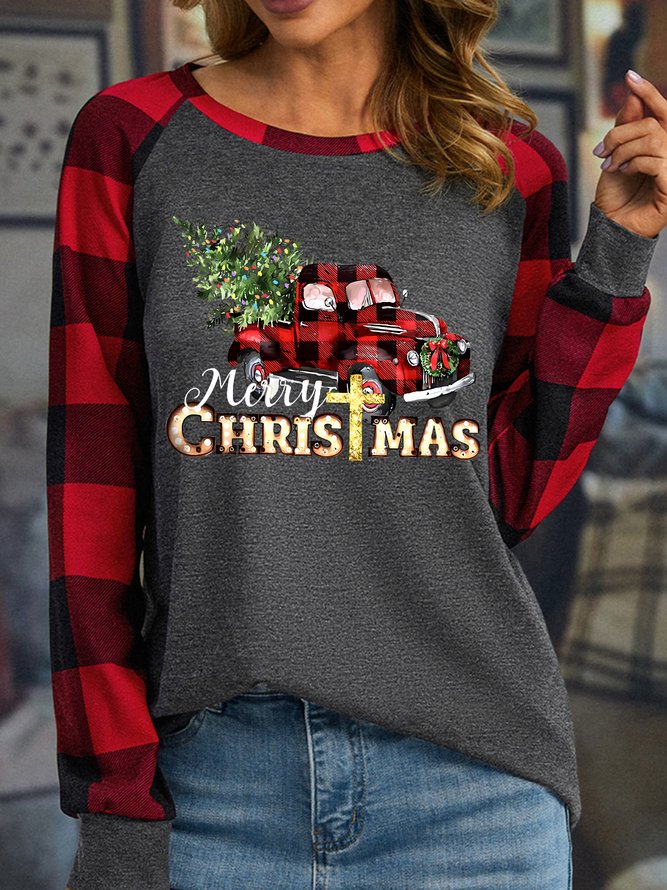 Women's Merry Christmas Buffalo Plaid Car Print Polyester Cotton T-Shirt