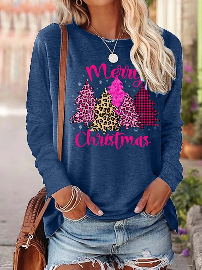 Women Merry Christmas Tree Snowflake Loose Cotton-Blend Tops