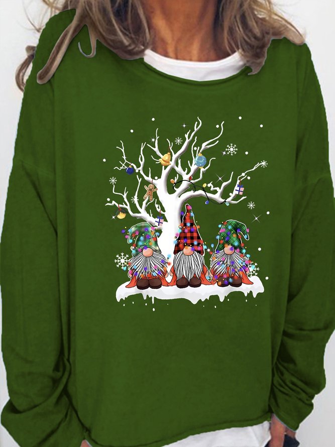 Women's Christmas Tree Gnome Print Loose Christmas Crew Neck Sweatshirt