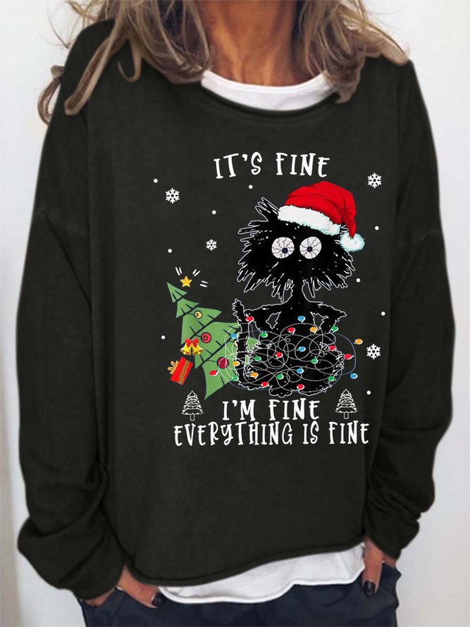 Women Merry Christmas I’m Fine Tree Black Cat Loose Crew Neck Sweatshirts