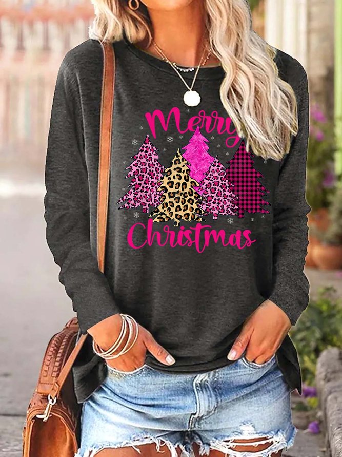 Women Merry Christmas Tree Snowflake Loose Cotton-Blend Tops