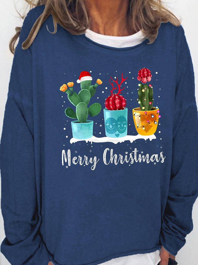 Women's Funny Merry Christmas Cactus Print Loose Cotton-Blend Sweatshirts