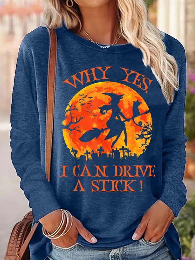 Womens Halloween Witch I Can Drive Stick Crew Neck Tops