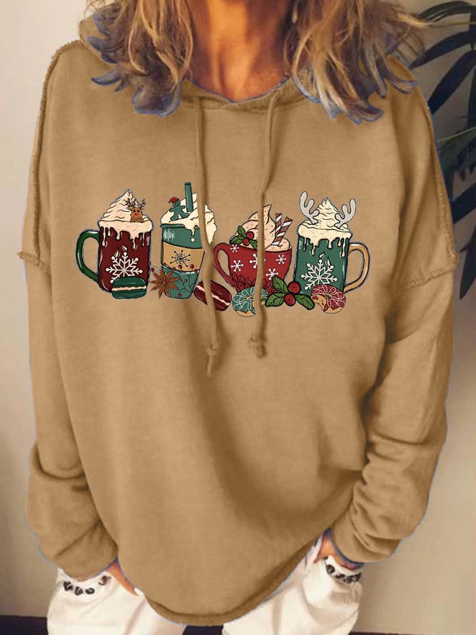 Women Merry Christmas Coffee Snowflake Loose Christmas Hoodie Sweatshirts