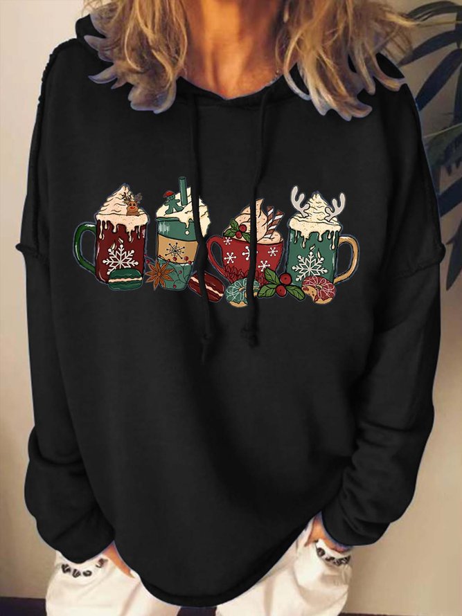 Women Merry Christmas Coffee Snowflake Loose Christmas Hoodie Sweatshirts