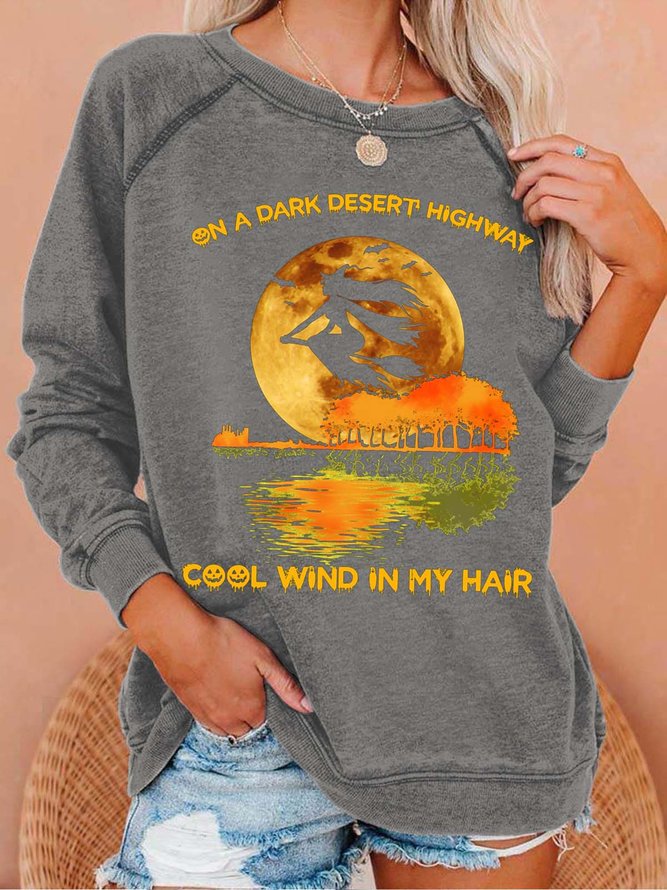 Women Witch Bats Cool Wind In My Hair Halloween Casual Sweatshirts