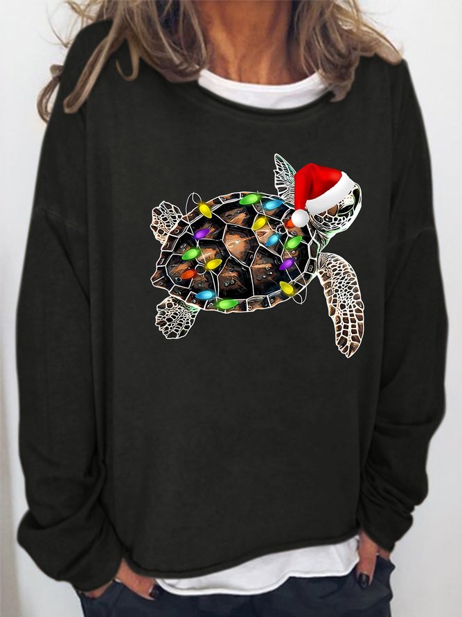 Women's Funny Cute Turtle Christmas Fairy Lights Graphic Casual Cotton-Blend Sweatshirt