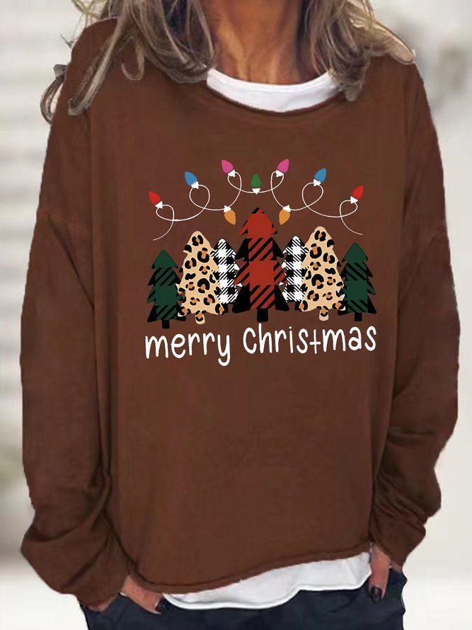 Women's Merry Christmas Tree Buffalo Plaid Print Casual Crew Neck Cotton-Blend Sweatshirts