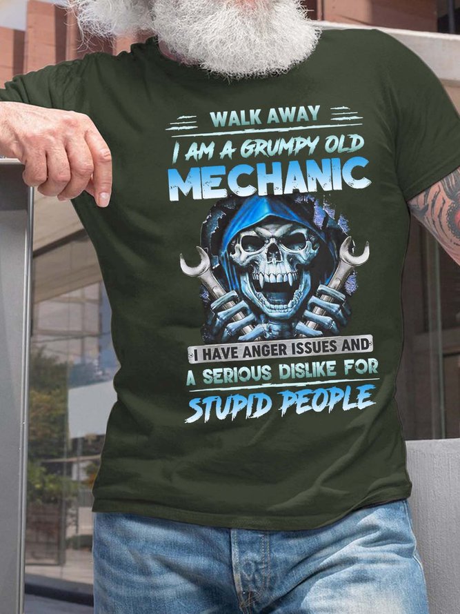 Men Walk Away I Am A Grumpy Old Mechanic Stupid People Crew Neck Cotton T-Shirt