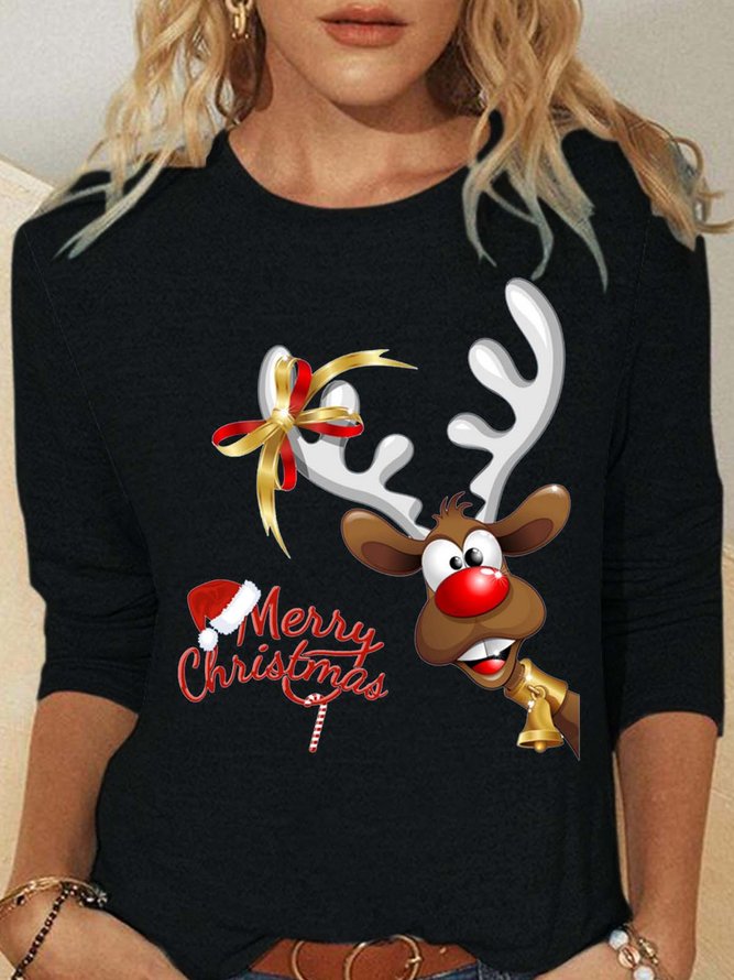 Women Merry Christmas Gift Moose Casual Cotton-Blend Tops