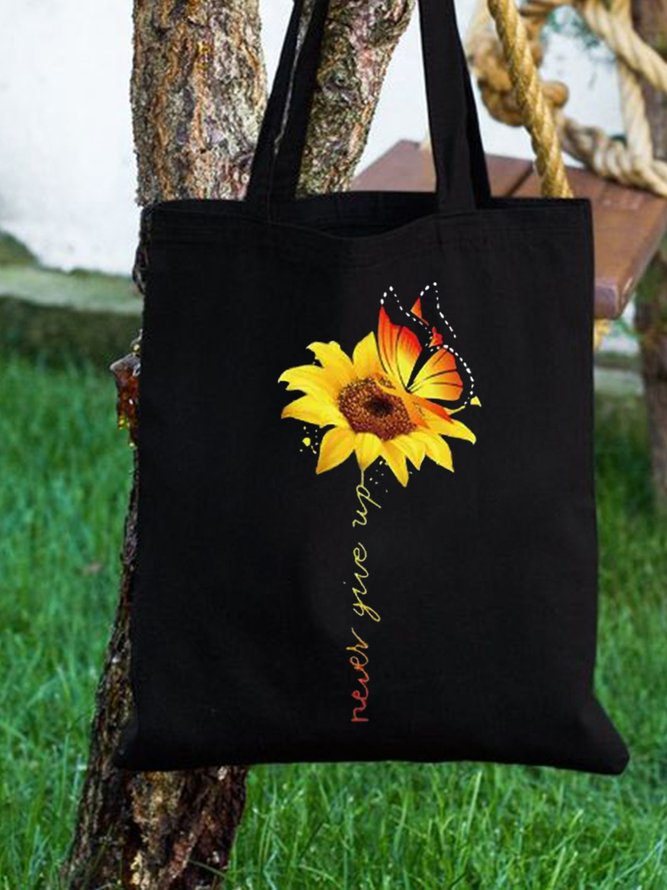 Never Give Up Sunflower Butterfly Plant Graphic Shopping Totes