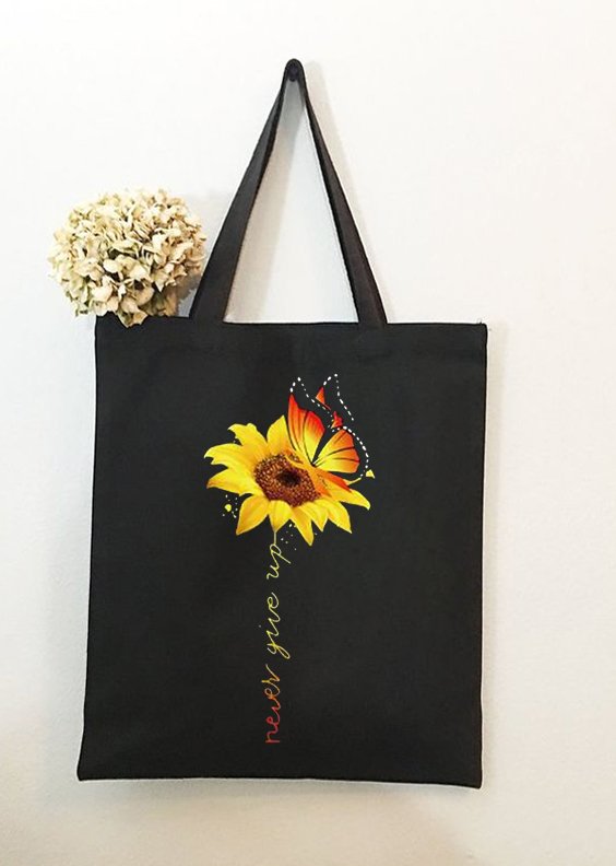 Never Give Up Sunflower Butterfly Plant Graphic Shopping Totes