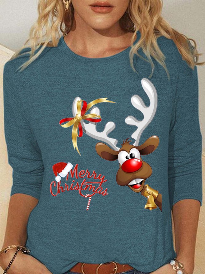 Women Merry Christmas Gift Moose Casual Cotton-Blend Tops