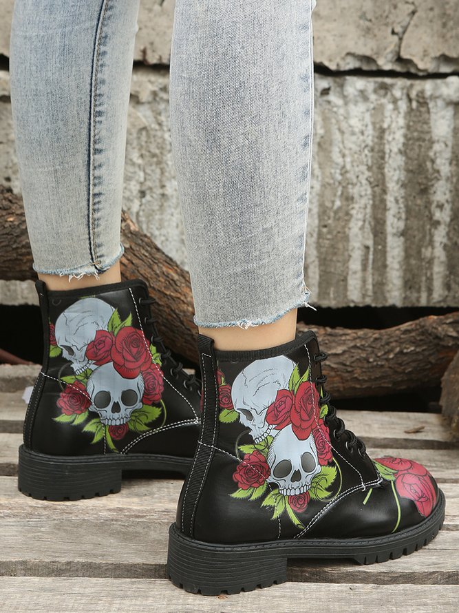 Halloween Valentine's Day Red Rose Skull Graphic Lace-Up Booties