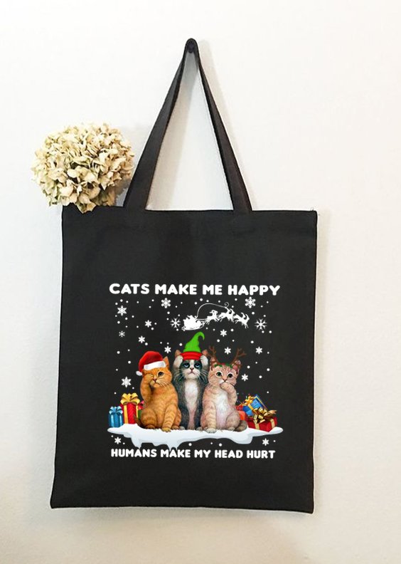Cats Make Me Happy Humans Make Me Head Hurt Christmas Graphic Shopping Tote