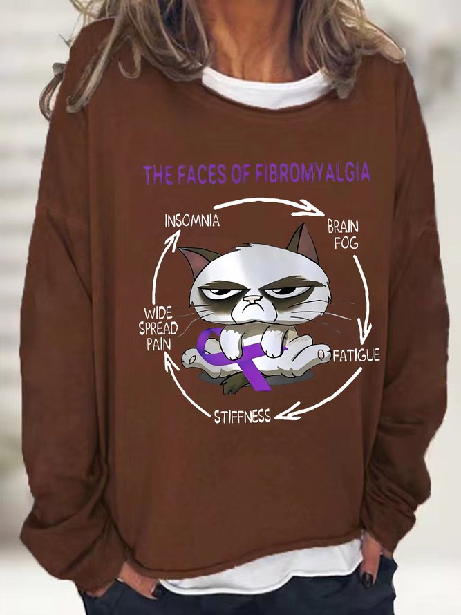 Women's  The Faces Of Fibromyagia The Grumpy Cat Funny Text Letters Crew Neck Sweatshirt