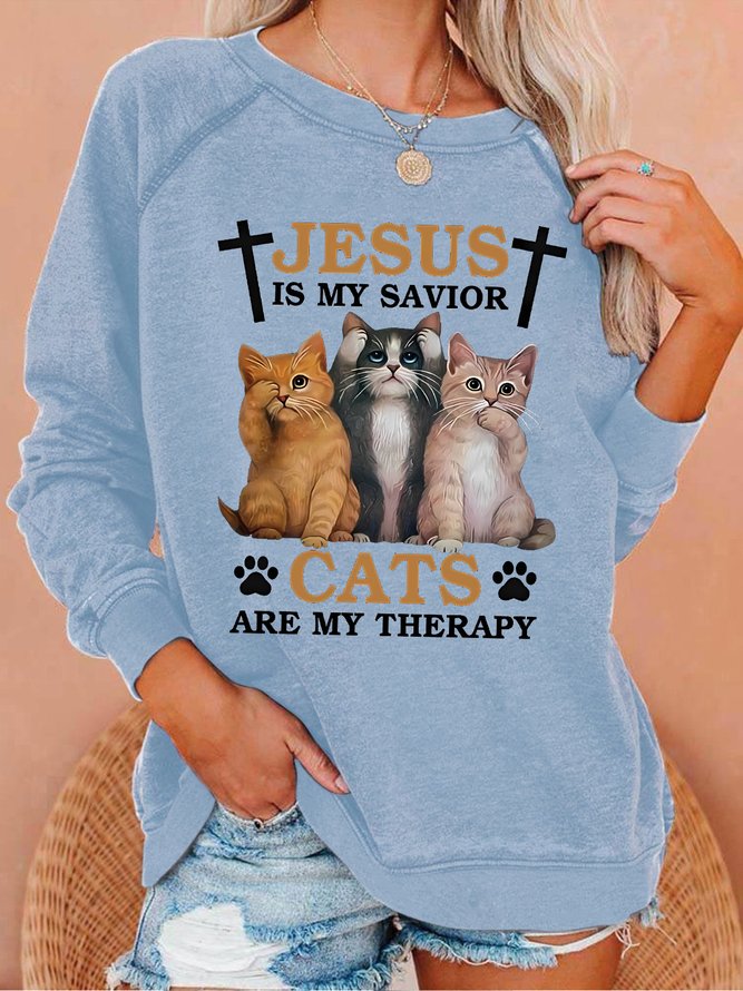 Women's Funny Jesus Is My Savior Cats Are My Therapy Cat Graphic Graphic Text Letters Sweatshirt