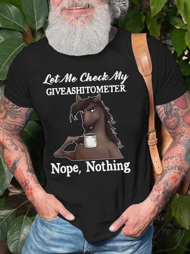 Men's Let Me Check Funny Horse Drinking Coffee Text Letters T-Shirt