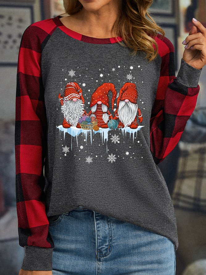 Women Funny Christmas Gnome Plaid Simple Long sleeve Top