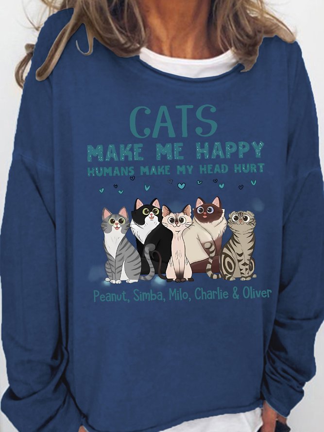 Women's Cats Make Me Happy Humans Make Me Head Hurt Funny Cute Cat Print Crew Neck Cotton-Blend Cat Sweatshirt