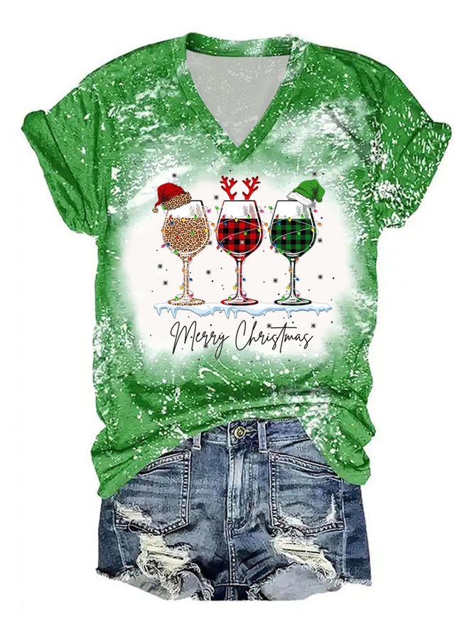 Womens Merry Christmas Red Wine Glass Bleach Print V Neck Cotton-Blend Loose T-Shirt